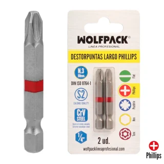 Puntas Largas Destornillador Phillips Nº 3 (2 Piezas). Acero S2 al Cromo Vanadio. Puntas Hexagonales, Destorpuntas,
