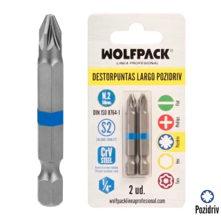 Destorpuntas Largo Pozidriv Nº 2 (2 Piezas) Acero S2 al Cromo Vanadio. Puntas Hexagonales, Destorpuntas,