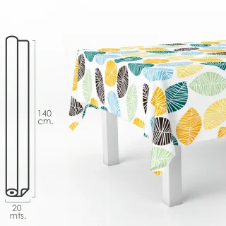 Mantel Hule Rectangular Hojas Colores. Impermeable Antimanchas PVC 140 cm. x 20 metros. Rollo Recortable. Interior y Exterior