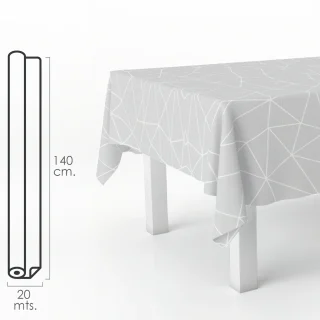 Mantel Hule Rectangular Geometrico Gris. Impermeable Antimanchas PVC 140 cm. x 20 metros. Rollo Recortable. Interior y Exterior