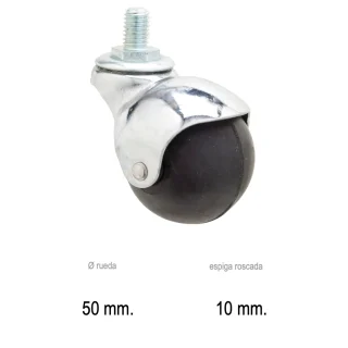 Rueda Domestica Goma Negra Esfera Espiga M10x50 mm.