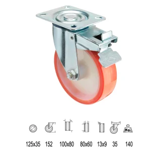 Rueda Industrial Poliuretano Placa con freno 125 mm.
